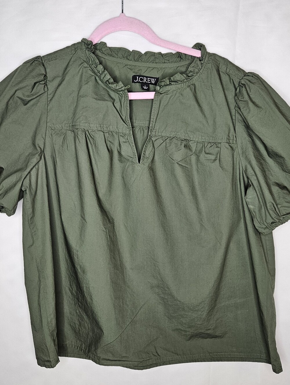 J. Crew Olive Green Ruffled Neck Puff Sleeve Blouse Size L Cotton Poplin
